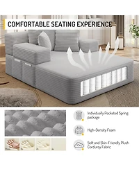 Rainsken Plush Corduroy Convertible Chaise Chair, Sofa Bed with Storage Pocket and 3 Pillows, Frameless Design and Compression Foam for Living Room