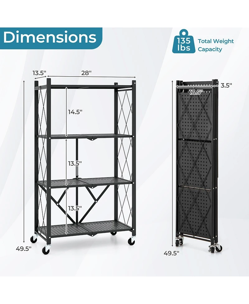 Sugift Foldable Four Tier Storage Shelf with Locking Wheels