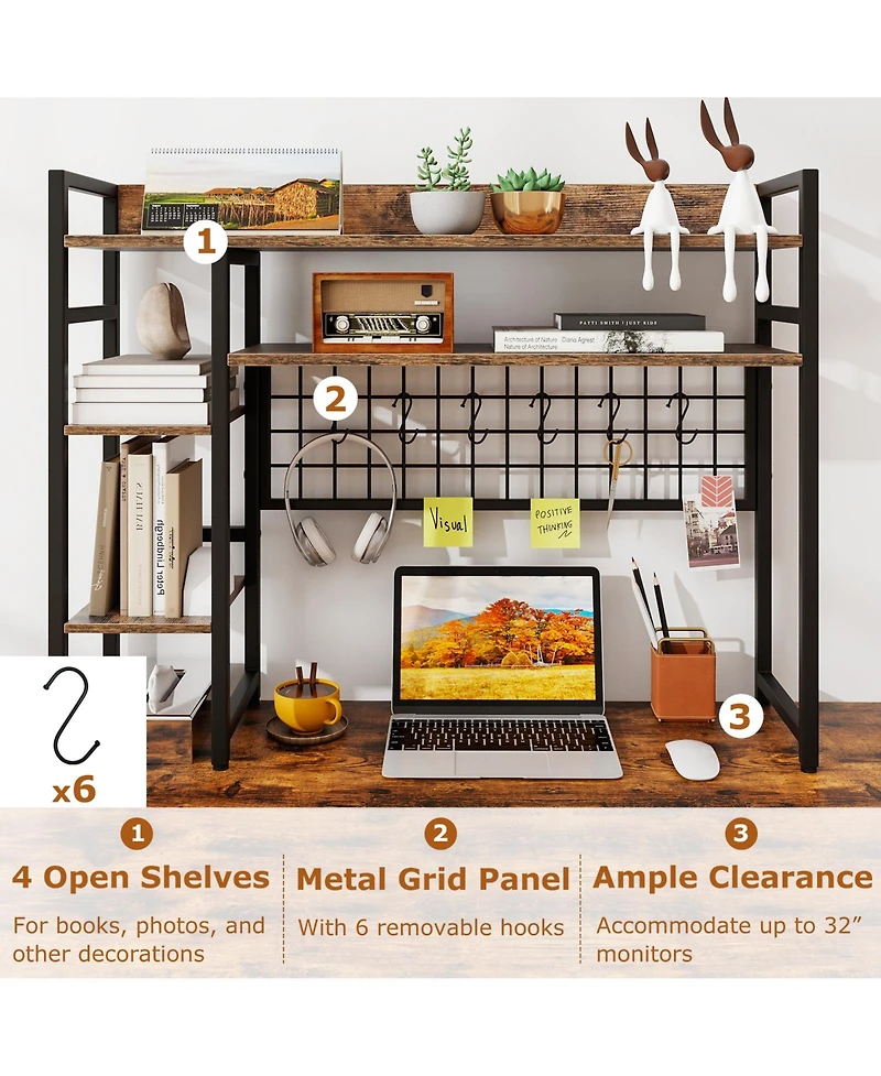 Sugift Desktop Shelf Rack with Metal Grid Panel and Hanging Hooks