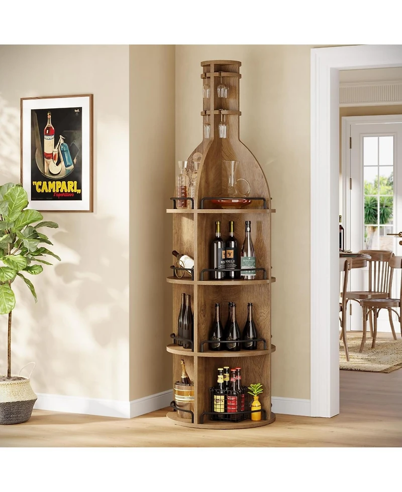 Tribesigns 75" Tall Wine Rack with Storage Shelves, Industrial Round Wine Cabinet with Hanging Goblet Holder