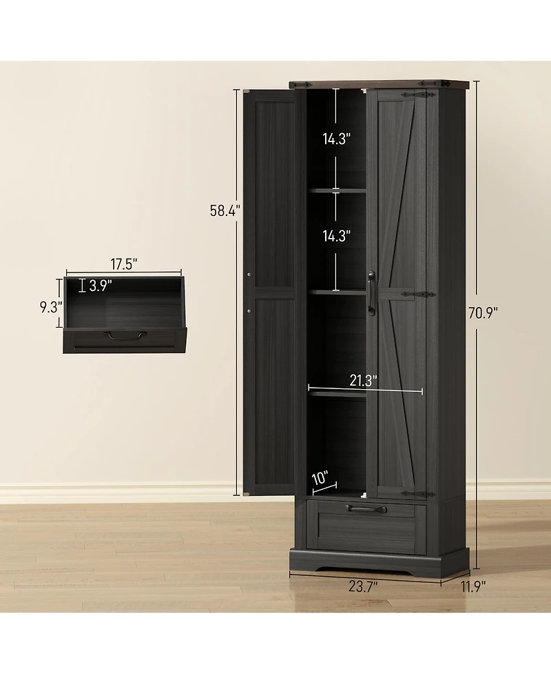 Homcom 71" Kitchen Pantry, Farmhouse Storage Cabinet with Barn Doors