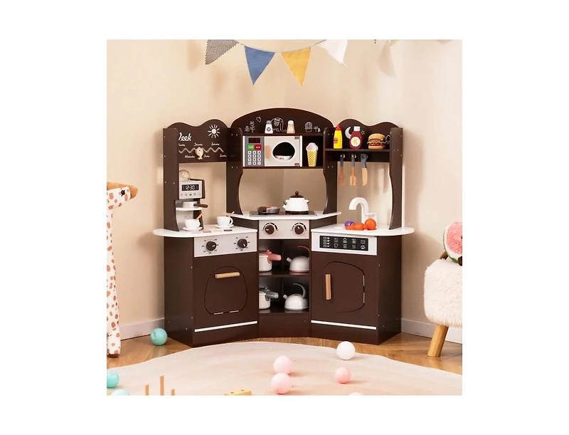 Hongge Corner Wooden Play Kitchen with Coffee Machine and Slide for Kids.