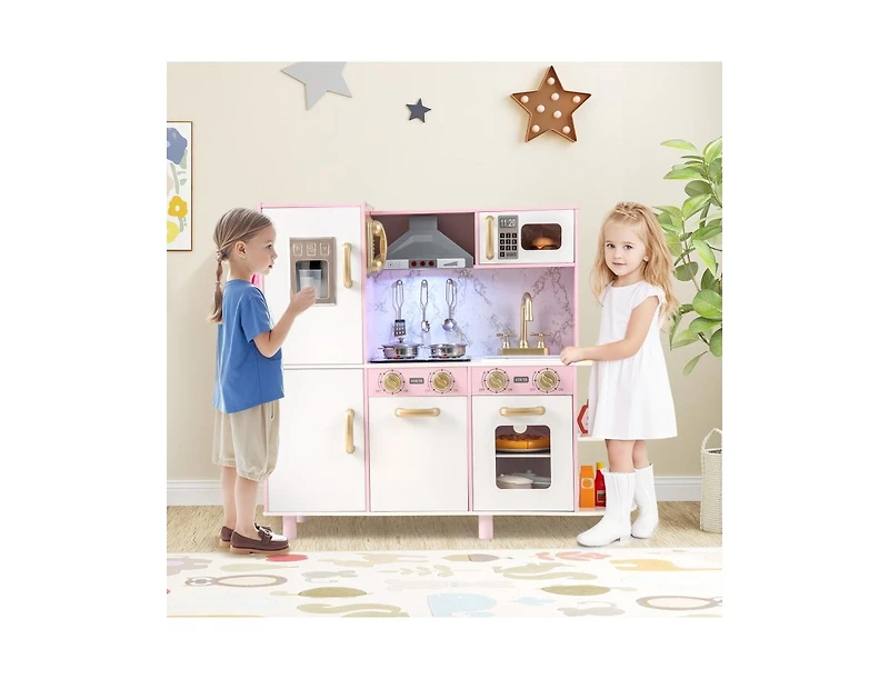 Hongge Wooden Kitchen Playset with Ice Maker and Sounds for Ages 3+