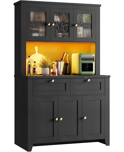 gaomon Pantry Cabinet with Charging Station, Farmhouse Kitchen Storage Countertop, Large Hutch Drawers