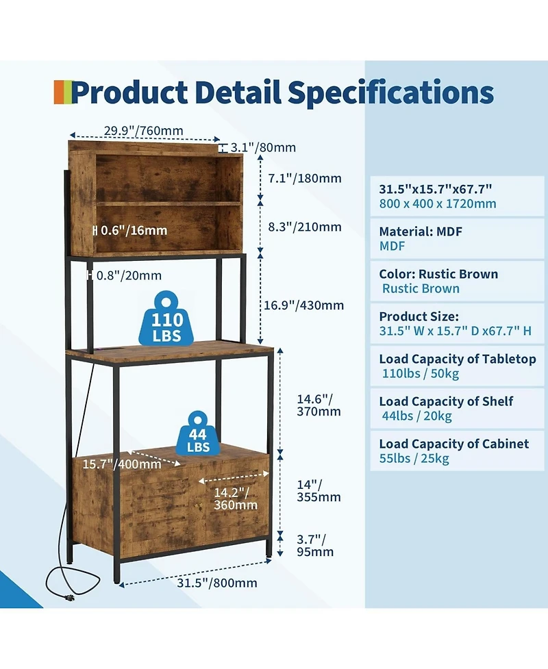 gaomon 67.7'' baker s rack with power outlet, 5 tier farmhouse microwave stand with shelves and cabinet, rustic kitchen storage rack, easy assembly.
