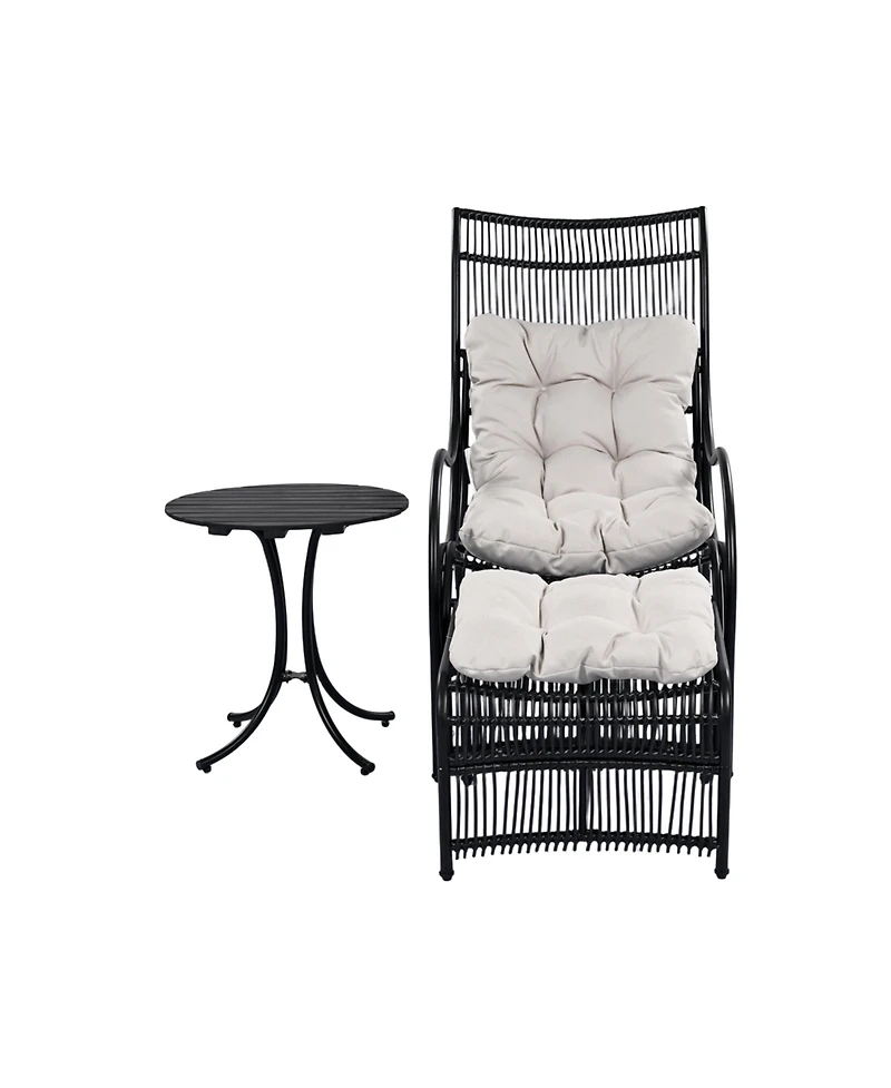 Flynama 3 Piece Wicker Outdoor Patio Furniture Set with Lounge Chair Ottoman Side Table Cushions for Garden Deck Porch