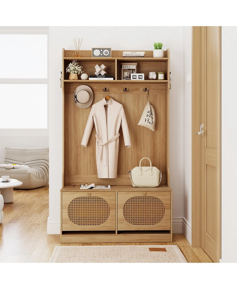 Sugift Four in One Hall Tree with Coat Rack and Storage Drawers