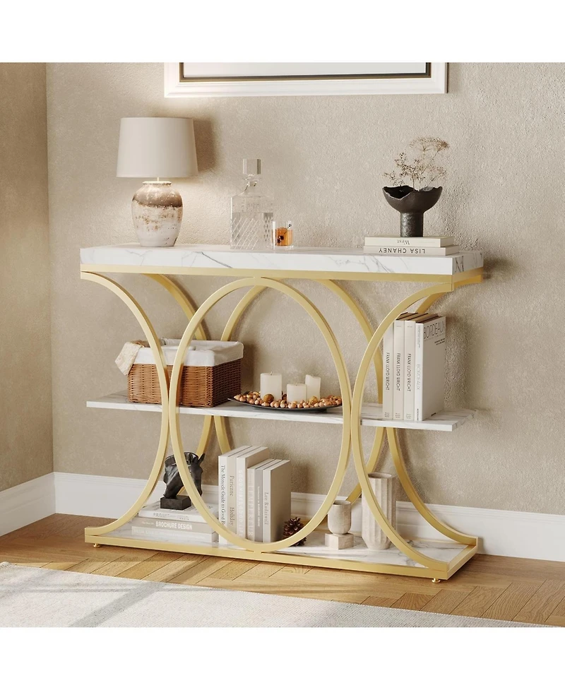 gaomon 39" Narrow Console Table for Entryway, Industrial 3-Tier Sofa Table, Round Metal Base, Storage Shelves