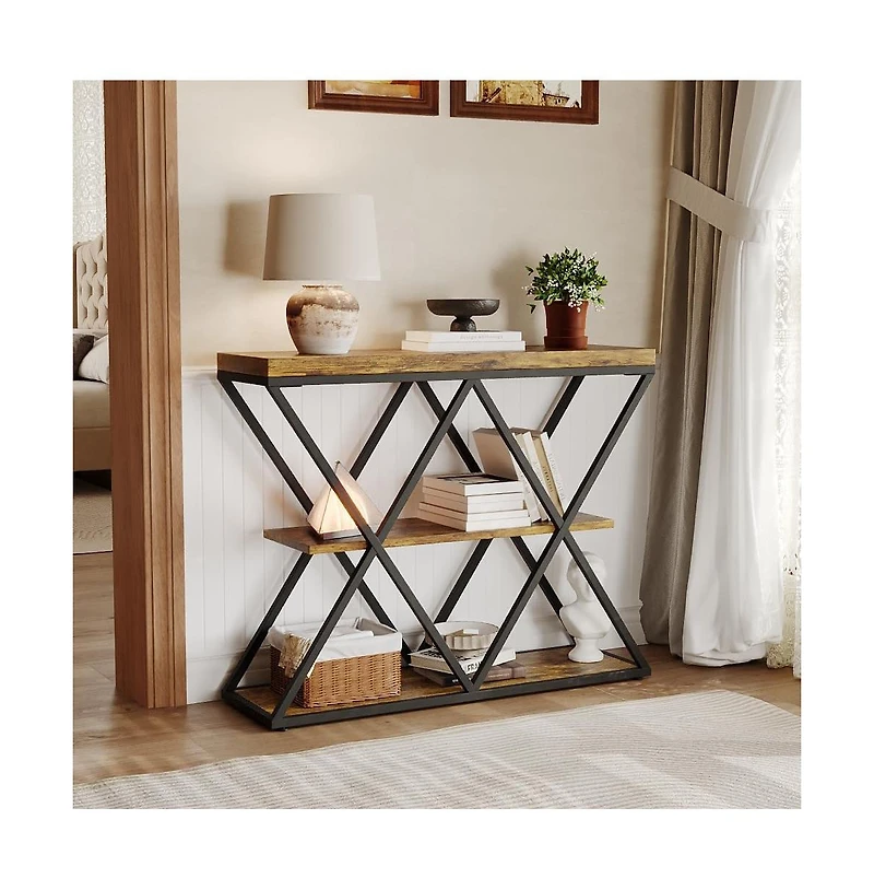 gaomon Industrial 3-Tier Entryway Table, Double X Metal Frames, 2 Storage Shelves, Rustic Wood, Living Room or Hallway