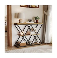 gaomon Industrial 3-Tier Entryway Table, Double X Metal Frames, 2 Storage Shelves, Rustic Wood, Living Room or Hallway