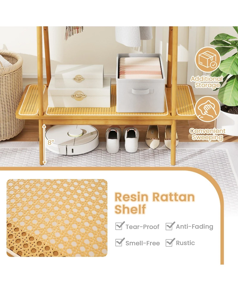 Sugift Bamboo Clothes Rack with Hanging Rod Shelf and Hooks