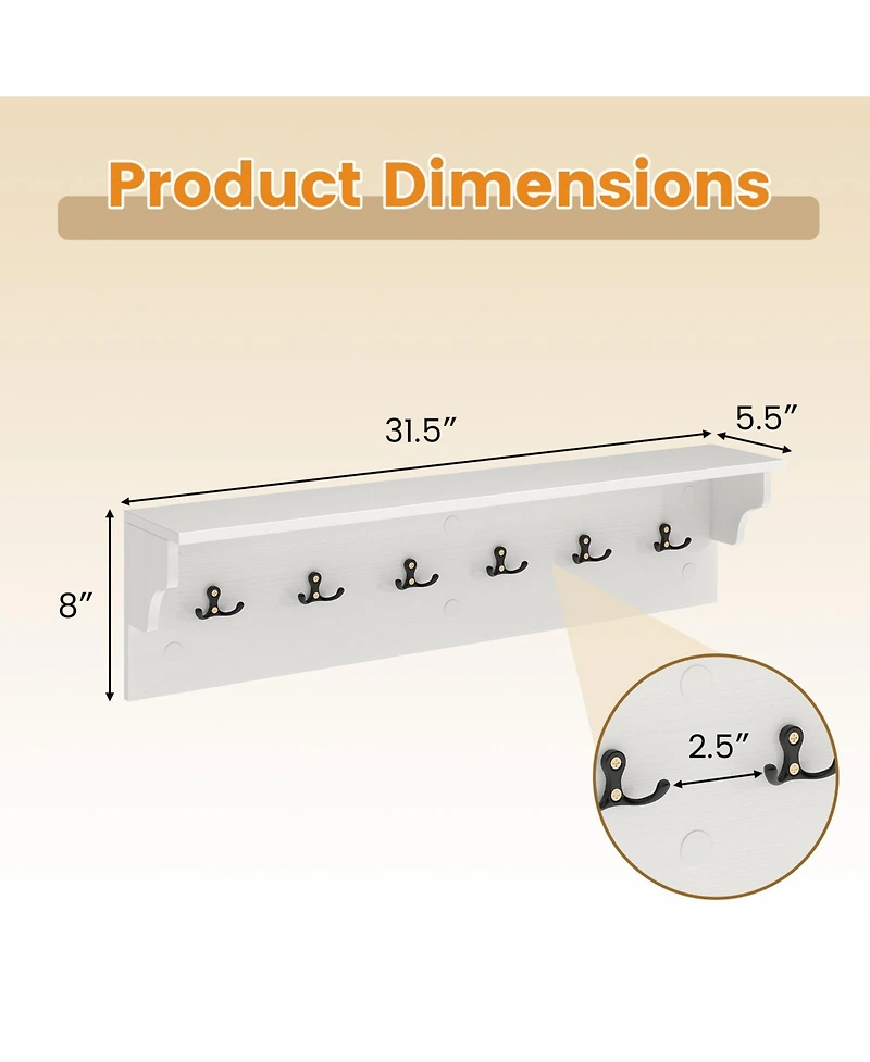 Sugift Wall Mounted Wooden Coat Rack with Shelf and Six Hooks