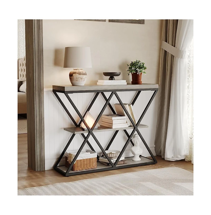 gaomon Industrial 3-Tier Entryway Table, Double X Metal Frames, 2 Storage Shelves, Rustic Wood, Living Room or Hallway