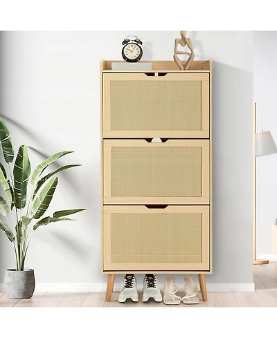 Homfan Shoe Cabinet for Entryway, Rattan Storage Organizer with Flip-Drawer and Anti-Tip Design, Shoe Storage Cabinet