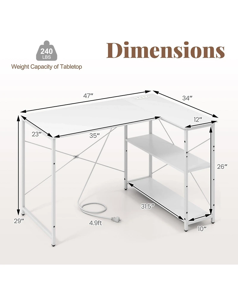 Sugift 47 in Reversible L Shaped Corner Desk with Adjustable Shelves