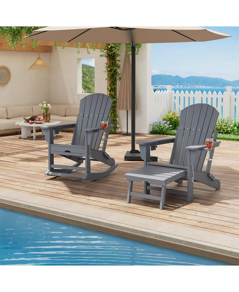 gaomon Folding Adirondack Rocking Chair with Retractable Ottoman and Cup Holders, Hdpe All-Weather Outdoor Chair for Porch