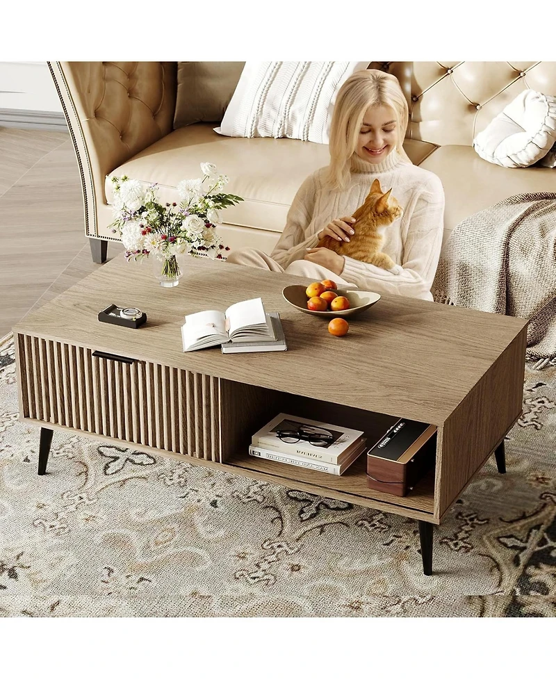 gaomon 41.34" Rectangular Coffee Table, 2-Tier Farmhouse Center Table with Sliding Door, Storage for Living Room, Bedroom