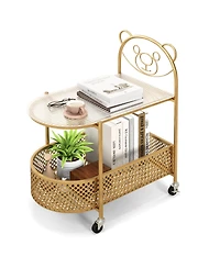 Gymax 2-Tier Mobile Glass Coffee Table w/ Bear Pattern Storage Basket Transparent