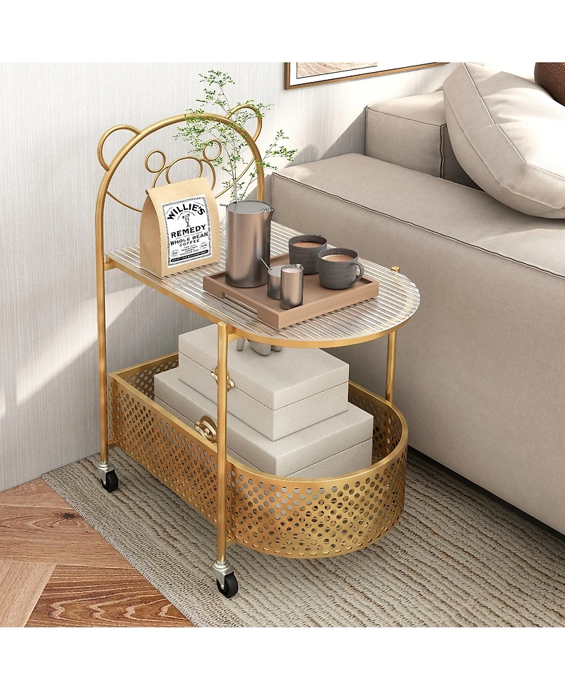 Gymax 2-Tier Mobile Glass Coffee Table w/ Bear Pattern Storage Basket Transparent