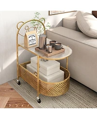 Gymax 2-Tier Mobile Glass Coffee Table w/ Bear Pattern Storage Basket Transparent