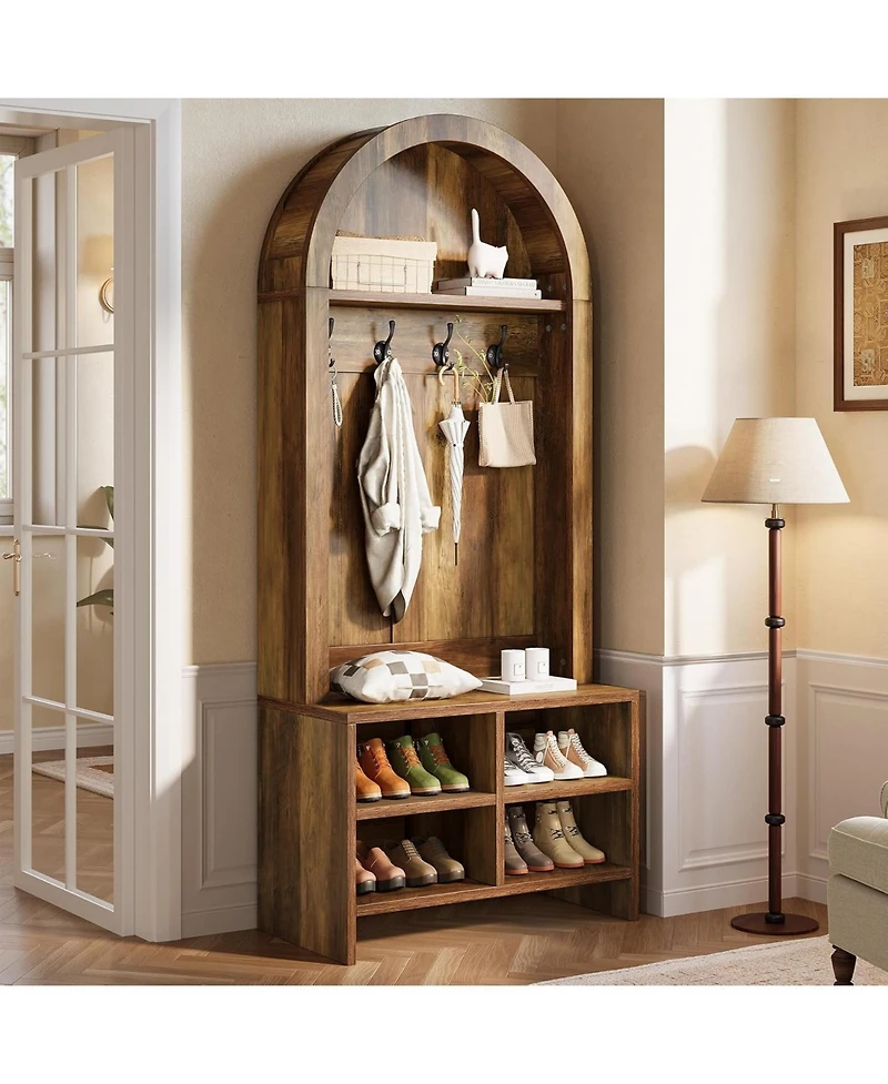 Tribesigns 70.87“ H Hall Tree with Bench and Shoe Storage, Arched Coat Rack with 4 Hooks and 4 Cubbies, Entryway Bench
