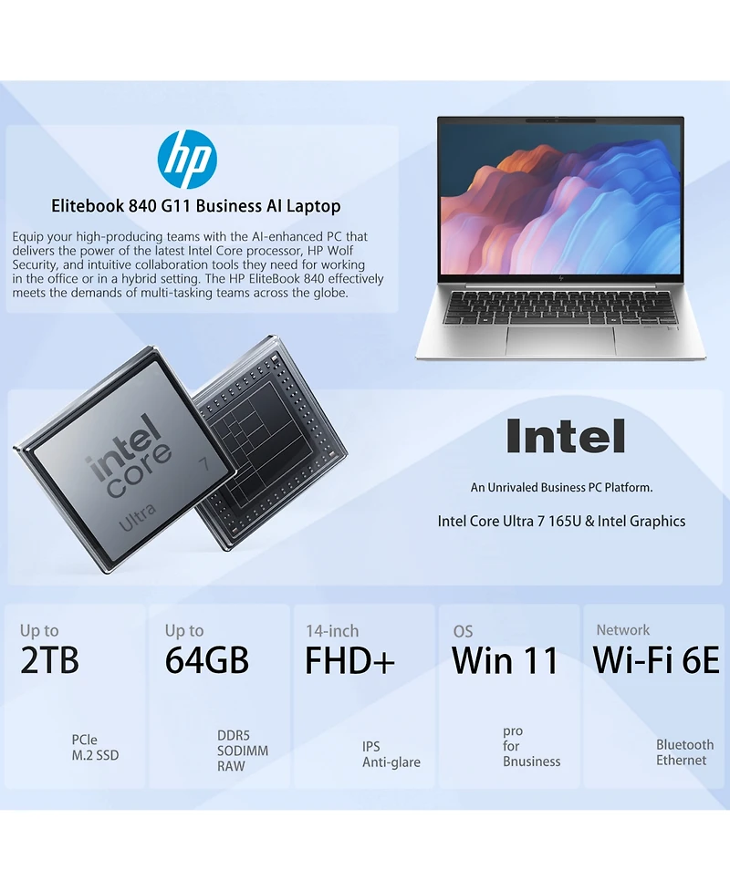 Hp EliteBook 840 14" Traditional Laptop Intel Core Ultra 7 32GB Ram Intel Graphics 1TB Ssd Storage Windows 11 Pro 60Hz
