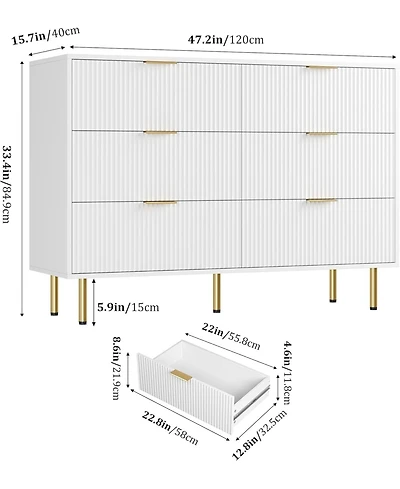 gaomon 6 Drawer Fluted Dresser 47 Inch Wide Modern Wooden Double Chest for Hallway