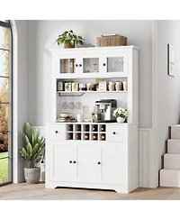 gaomon 68.7" Coffee Bar Cabinet with Led Light & Power Outlet, Farmhouse Kitchen Hutch 2 Storage Drawers, Wine Glass Rack, Adjustable Shelve