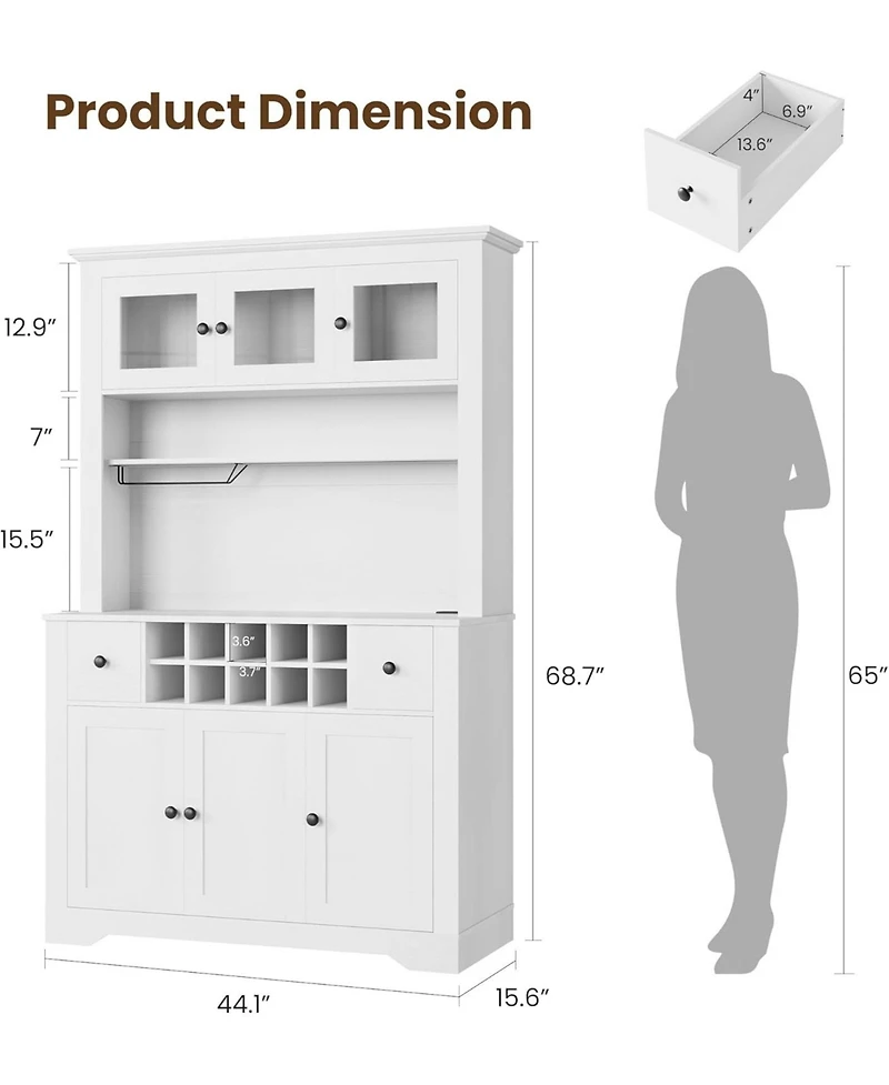gaomon 68.7" Coffee Bar Cabinet with Led Light & Power Outlet, Farmhouse Kitchen Hutch 2 Storage Drawers, Wine Glass Rack, Adjustable Shelve