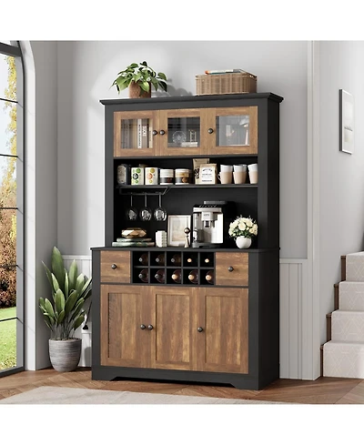 gaomon 68.7" Coffee Bar Cabinet with Led Light & Power Outlet, Farmhouse Kitchen Hutch 2 Storage Drawers, Wine Glass Rack, Adjustable Shelve