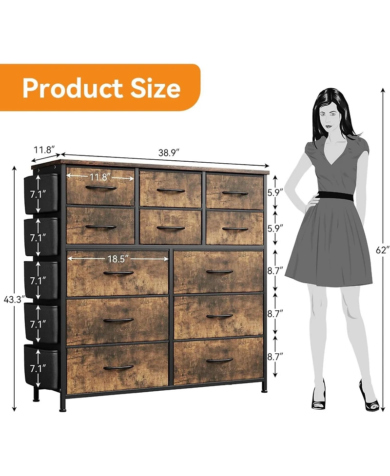 gaomon 12 Drawer Fabric Dresser with Side Pockets & Hooks Tall Storage Chest Sturdy Steel Frame, Wooden Top, Easy Pull Handles