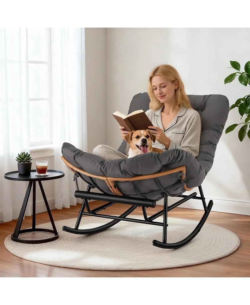 gaomon Papasan Rocking Chair with Removable Polyester Cushion, Extendable Footrest, Cozy Rattan Rocker for Porch, Lawn