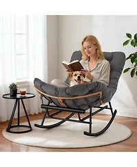 gaomon Papasan Rocking Chair with Removable Polyester Cushion, Extendable Footrest, Cozy Rattan Rocker for Porch, Lawn