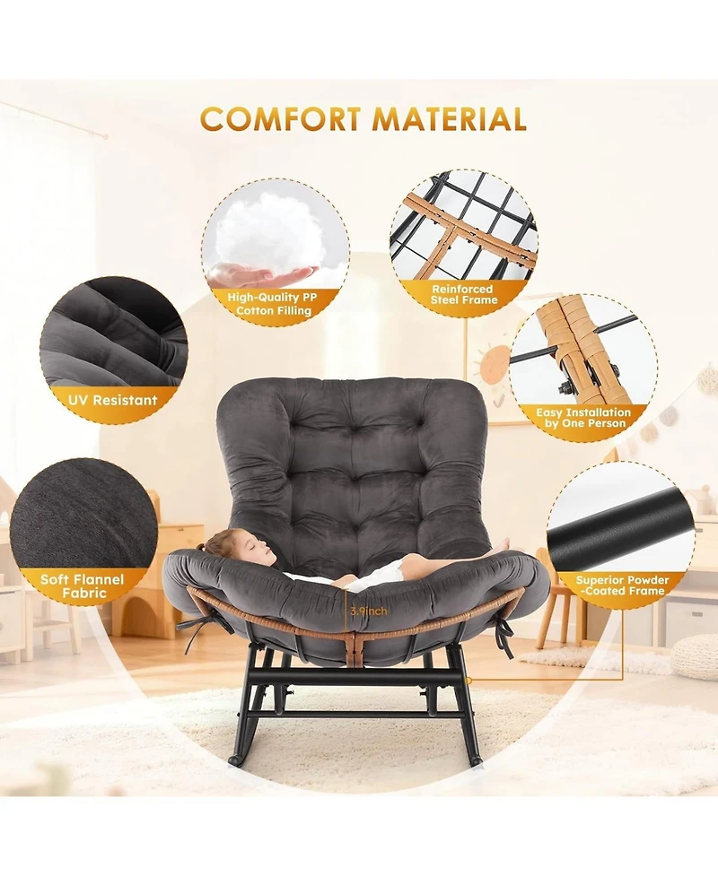 gaomon Papasan Rocking Chair with Removable Polyester Cushion, Extendable Footrest, Rattan Rocker for Living Room and Porch