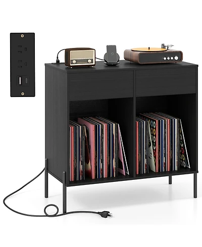 Sugift Record Player Stand with Power Outlets Double Wide Turntable Stand Vinyl Record Storage Table