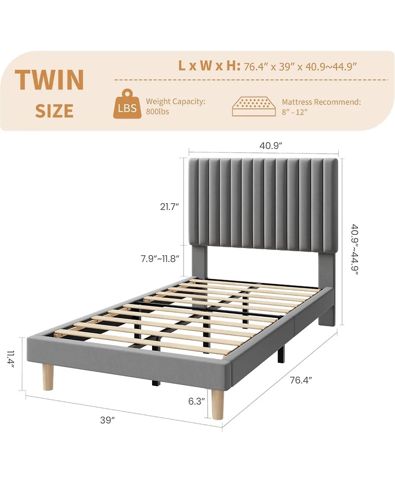 gaomon Twin Bed Frame with Adjustable Headboard, Velvet Upholstered Platform Bed Frame Twin Size, Vertical Channel Tufted