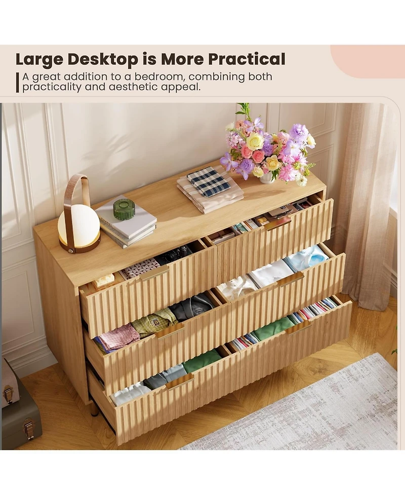 gaomon Fluted 6-Drawer Dresser, Modern Wooden Chest with Gold Legs, Large Storage Organizer for Bedroom, Living Room, Kids Room