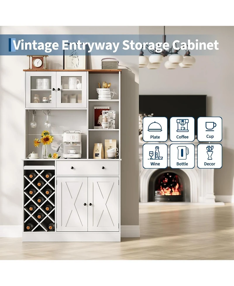 gaomon Coffee Bar Cabinet with Power Outlet & Exquisite Barn Doors, Sideboard Buffet Cabinet with Wine Bottle Rack, Storage Cabinet for Kitchen