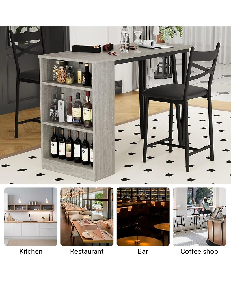 gaomon 3-Piece Counter Height Dining Set for 2, Extendable Table with Shelves & 2 Cushioned Chairs, Space-Saver for Small Areas