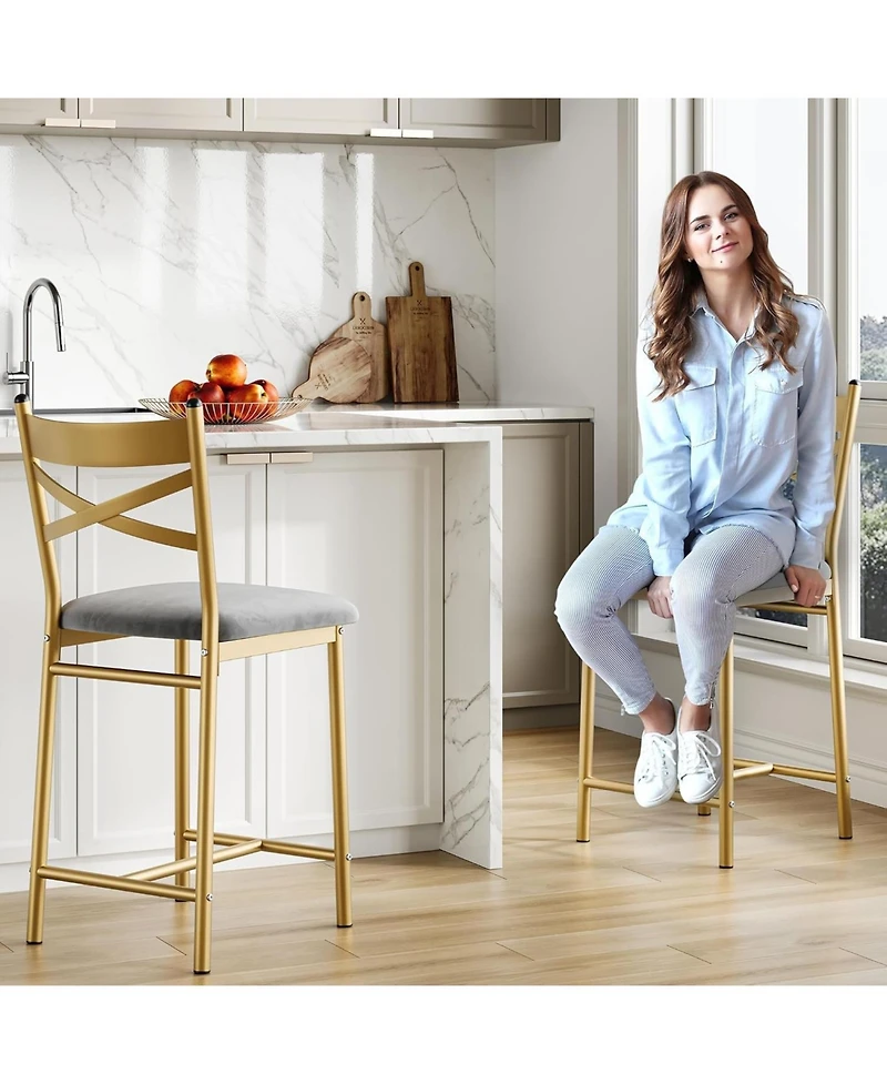 gaomon Set of 4 Gold 22" Bar Stools, Counter Height, Pu Upholstered Seat, Metal Frame, X-Back, for Kitchen Island, Dining Room