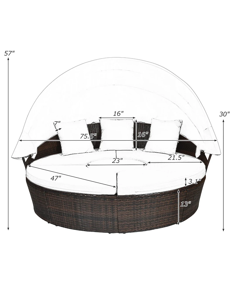 Gymax Cushioned Patio Rattan Round Daybed w/ Adjustable Table 3 Pillows