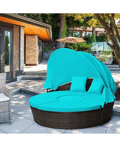 Gymax Cushioned Patio Rattan Round Daybed w/ Adjustable Table 3 Pillows