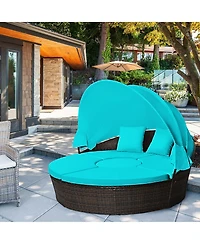 Gymax Cushioned Patio Rattan Round Daybed w/ Adjustable Table 3 Pillows