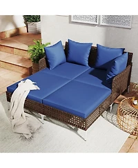 Sugift Outdoor Rattan Double Daybed Wicker Chaise Lounge