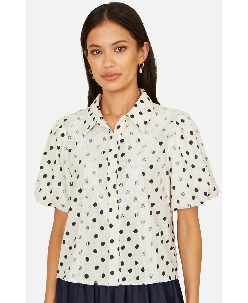 Yumi Women's Polka Dot Lace Boxy Shirt