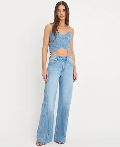Good American Women's High-Rise Wide-Leg Embroidered Jeans