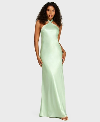 Alex & Sophia Juniors' Halter Back Neck Drape Tie Gown