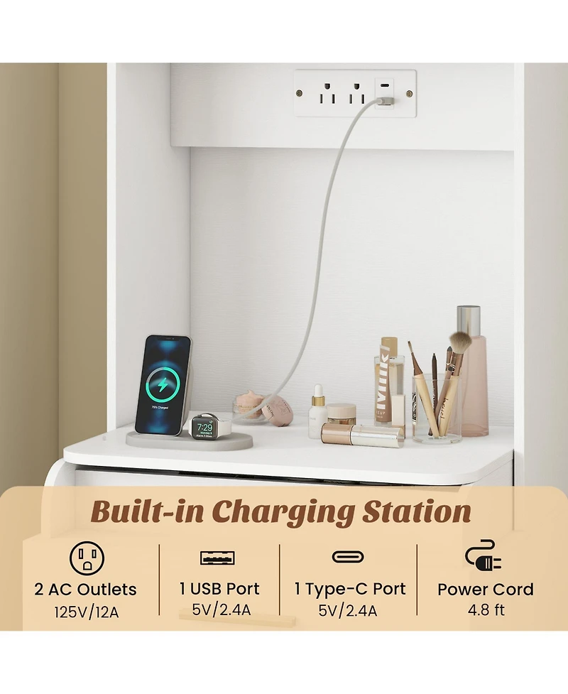 Sugift Makeup Vanity with Power Outlets and Flip-top Mirror and Storage Stool