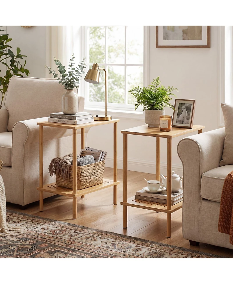 Sugift Side Table Set of 2 ,2-Tier Bamboo End Table with Storage Shelves Rectangular Tea Sofa Table
