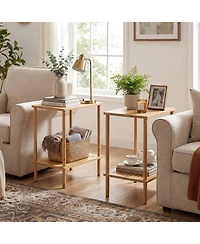 Sugift Side Table Set of 2 ,2-Tier Bamboo End Table with Storage Shelves Rectangular Tea Sofa Table